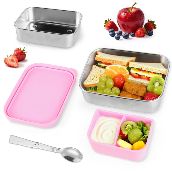 Edelstahl Kinder Brotdose mit Silikondeckel, Brotdose mit Fächern 1 Löffel