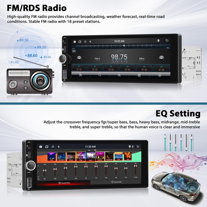 Inefala 6.86" Wireless Carplay Car Stereo Single Din Touchscreen Radio