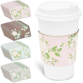 Sparkle and Bash 100 Pack Disposable Floral Paper Coffee Cup Sleeves, Drink Sleeves for Cups, 4 Colors (2.5 In)