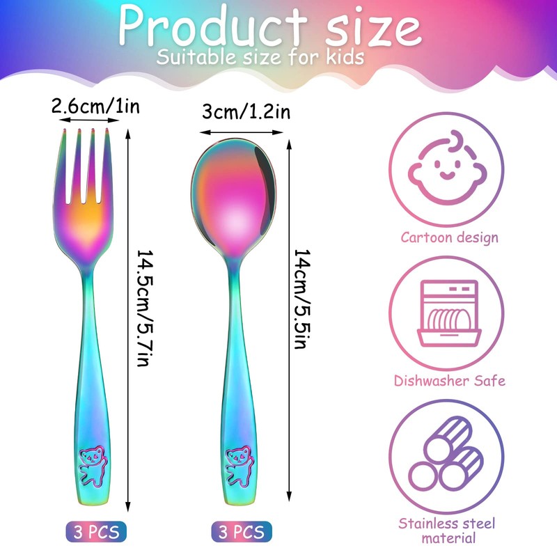 Pimoys 6 Pieces Toddler Utensils Kids Rainbow Silverware Stainless Steel