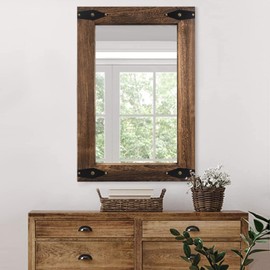 Farmhouse Mirror Rustic Mirror Wood Framed Mirror for Bathroom, Decorative Bathroom Mirrors for Wall Wood, Wall Mounted Rectangular Mirror for Bedroom Living Room, Wood Mirror 24x36 Inch