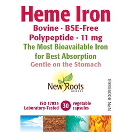 New Roots Herbal - Heme Iron (Bovine) Polypeptide 11 mg, 30 Capsules - Helps to form Red Blood Cells - Helps to Prevent Iron Deficiency Anaemia and Associated Tiredness and Fatigue