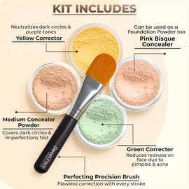 CONCEALER & CORRECTOR KIT with BRUSH (5 gram Sample Size Jars) Mineral Makeup Set Bare Skin Matte Powder (Medium Shade Mineral Concealer, Pink Bisque Concealer, Green Corrector, Yellow Corrector)