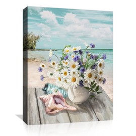 HGTUSJHC Bathroom Canvas Wall Art Flowers Theme Beach Modern Wall Decor Daisy Painting Pictures Framed Artwork for Bedroom Watercolor Ocean Wall Décor, Teal and White, 12x16inch