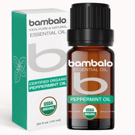 Bambalo Organic Peppermint Essential Oil - 100% Pure USDA Certified, for Aromatherapy Diffuser, Therapeutic Grade, 10ml