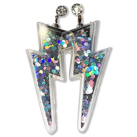 Lightning Bolt Earrings w/Glitter Sparkle Sequins Inside, acrylic w/ rubber backing