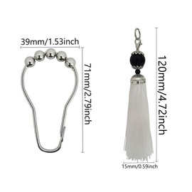 Tassel Shower Curtain Hooks for Boho Bathroom Decor - Rust Proof Curtain Rings - Stainless Steels Metal Shower Hook with Tassel Set of 12 for Decorative Shower Rod Bathroom Hardware (White)