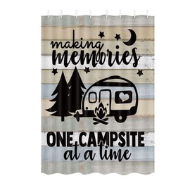 JAWO Camper Shower Curtain for Travel Trailers Rustic Wood Farmhouse Camping Fabric Shower Curtain Small Size Rv Curtains Happy Camper Bathroom Set with Hooks Included (47" W X 64" H)