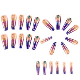 Press on Nails Long Artificial Acrylic Nails Glitter Diamond Golden Lines Design Square False Nails Purple Gradient French False Nails Full Cover Reusable Coffin Nails Glue on Nails for Women 24Pcs