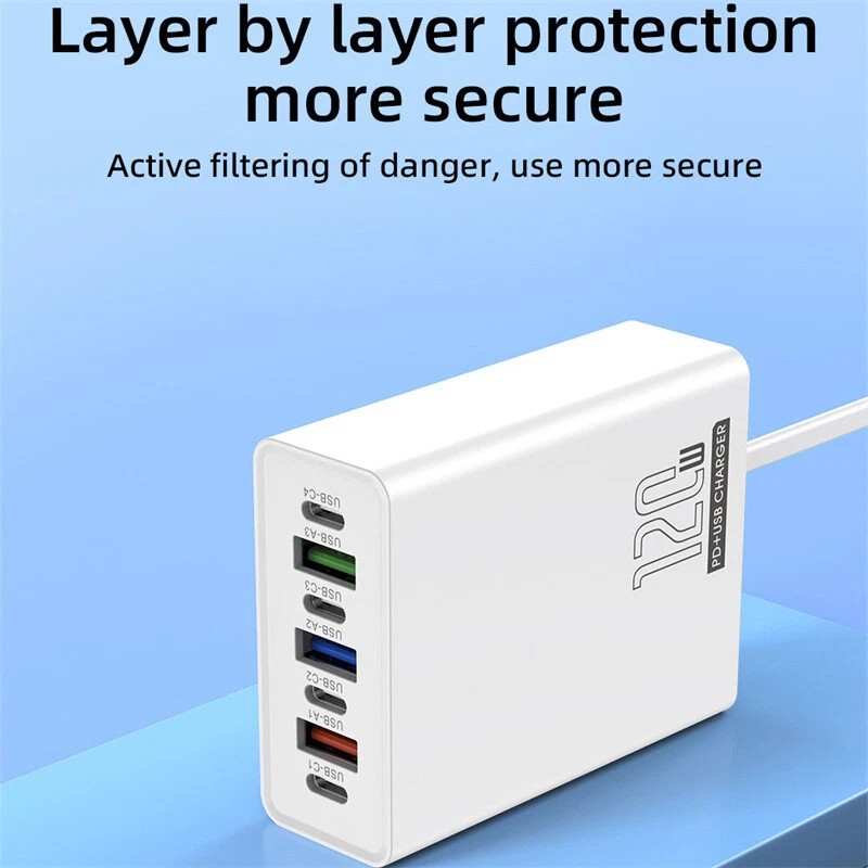Universal 120W 6-Port USB C Fast Wall Charger Block Charging