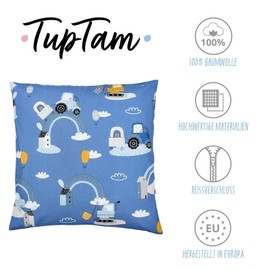 TupTam Kids Cushion Cover Decorative Patterned Tractors/Rainbows/Blue/Grey, Size: 80 x 80 cm