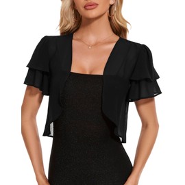 HANERDUN Women Bolero Shrug Summer Chiffon Cropped Cardigan Open Front Sheer Short Sleeve Cropped Cardigans for Women Black
