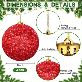 6" Christmas Balls Ornaments Large Christmas Tree Ornaments Decorations Shatterproof Shiny Christmas Hanging Balls Set with Hooks for Holiday Xmas Tree Home Decorations, 4pcs