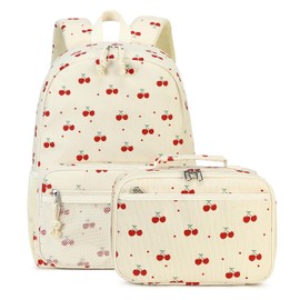 JIANYA Kids Backpack for Girls, Lightweight Kids Bookbag with Lunch Box, Elementary School Bag Set, Cherry Beige