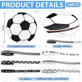 Geelin 12pcs Football Wood Crafts with 6 roll of Ribbon Wooden Football Shaped Hanging Ornaments Wood Tags with Soccer Ribbon for DIY Project Birthday Sport Themed Party Decor