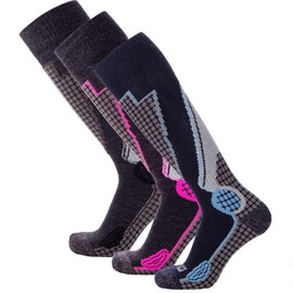 Pure Athlete Calcetines de esquí de lana de alto rendimiento – Calcetines térmicos de lana merina, para hombres y mujeres (3 pares, negro/rosa neón (1) + negro/plateado (1) + azul marino/azul (1), L)