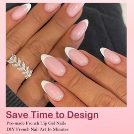 DMQ French False Nails, 240Pcs Almond Press On Nails Short - Fake Nails White Tip French False Nail Kit, Full Cover Stick on Nail with Glue for Women Girls Nail Art Manicure Decorations - 15 Sizes