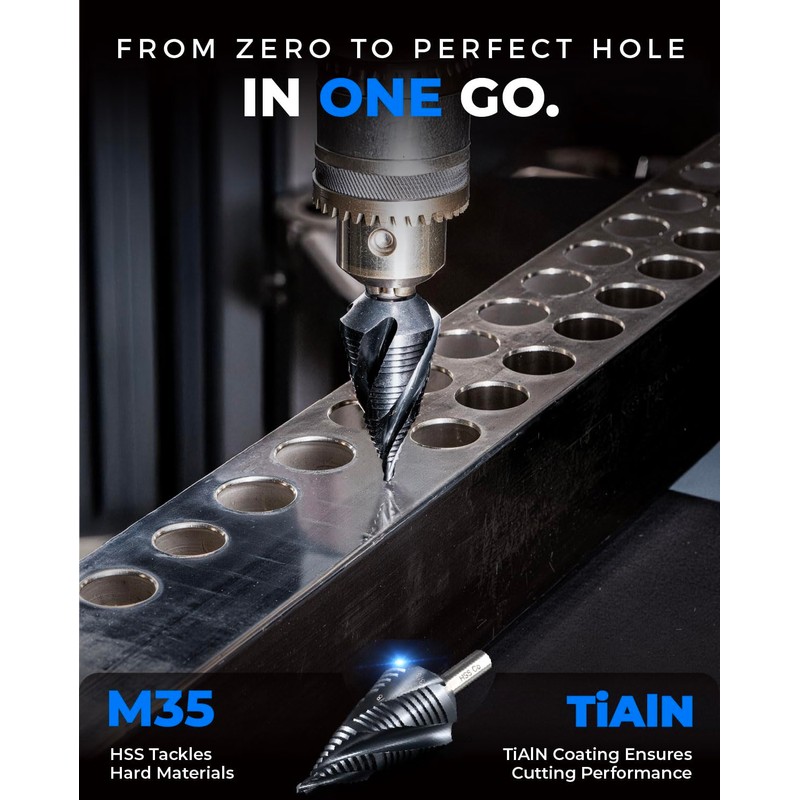 toolant Four Spiral Flute Cobalt Step Drill Bit(Pro), 1/8"-1/2" Impact