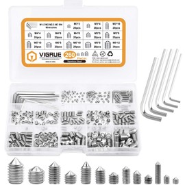 VIGRUE Pack of 260 Grub Screws Taper Tip Hex Grub Screws Assortment M3 M4 M5 M6 M8 Stainless Steel Screw-In Sleeve Assortment Fixing Parts Kits with Hex Key