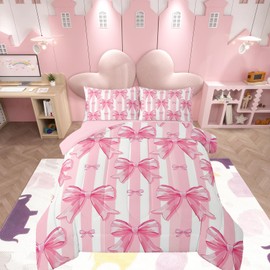 Feelyou Pink Bowknot Comforter Set,Dreamy Princess Bowknot Bedding Set Full Size,Girls Bedroom Room Decor,Cute Bow Girly Comforter,Kawaii Geometric Bow-tie Bed Set for All Season
