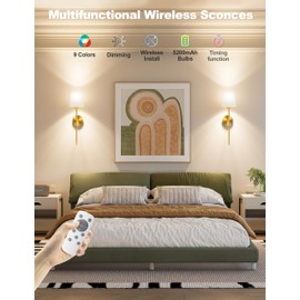 JOFIOS Battery Operated Wall Sconces Set of 2,Gold Wireless Wall Lights with Remote,9 Colors Modes Rechargeable Wall lamp for Bedroom Living Room Decor