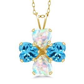 Gem Stone King 18K Yellow Gold Plated Silver White Opal and Swiss Blue Topaz 4 Heart Shape Gemstone October Birthstone Pendant Necklace For Women (3.40 Cttw, 6MM Heart, with 18 Inch Silver Chain)
