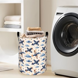 Playful Airplane Laundry Basket with Handles, 19.7"x15.7" Clothes Foldable Starry Cloud Design Laundry Hamper Organizer for Dorm Nursery Bedroom Bathroom Decor, Toy Storage Bin for Kids