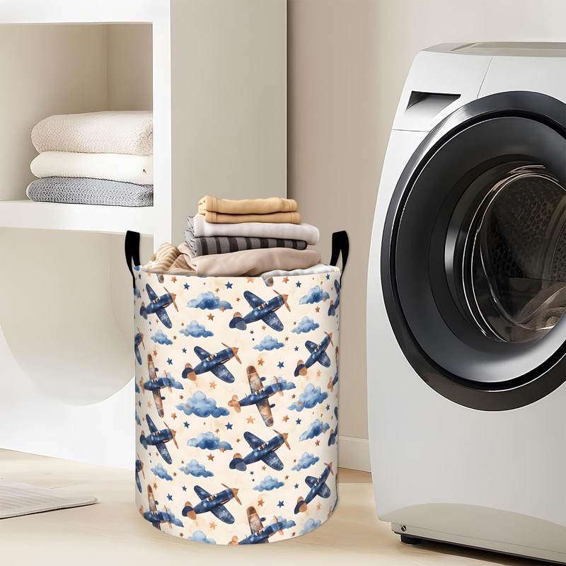 Playful Airplane Laundry Basket with Handles, 19.7"x15.7" Clothes Foldable Starry