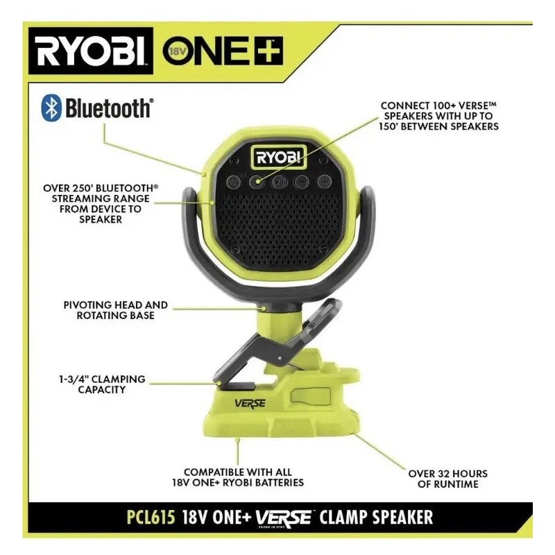 RYOBI ONE+ 18V Cordless VERSE Clamp Bluetooth Speaker (Tool Only)
