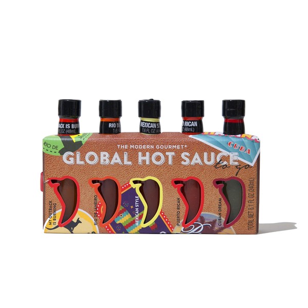 Thoughtfully Gifts, Hot Sauces To Go: Global Edition Gift Set, Includes 5 Unique Hot Sauces: My Outback is Burning, Rio de Janeiro, Mexican Style, Puerto Rican, and Cuban Dream