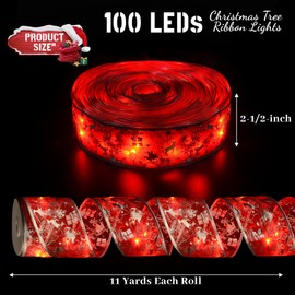 Christmas Decorations, 2.5Inch x 33Ft 100 Led Christmas Tree Ribbon Lights with Remote Control, Battery Operated & USB Powered 8 Lighting Modes Fairy String Lights with Timer for Xmas Decor