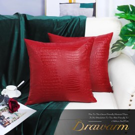 BRAWARM Faux Leather Pillow Covers 18 X 18 Inches, Christmas Red Leather Pillow Covers Pack of 2, Crocodile Leather Decorative Throw Pillows for Living Room Couch Bed Sofa Home