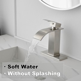 Bathfinesse Bathroom Sink Faucet Single Handle Waterfall Bathroom Faucets Stainless Steel Lavatory Commercial Vanity Faucets with Sink Drain Assembly and Basin Plate Deck Mount,Brushed Nickel