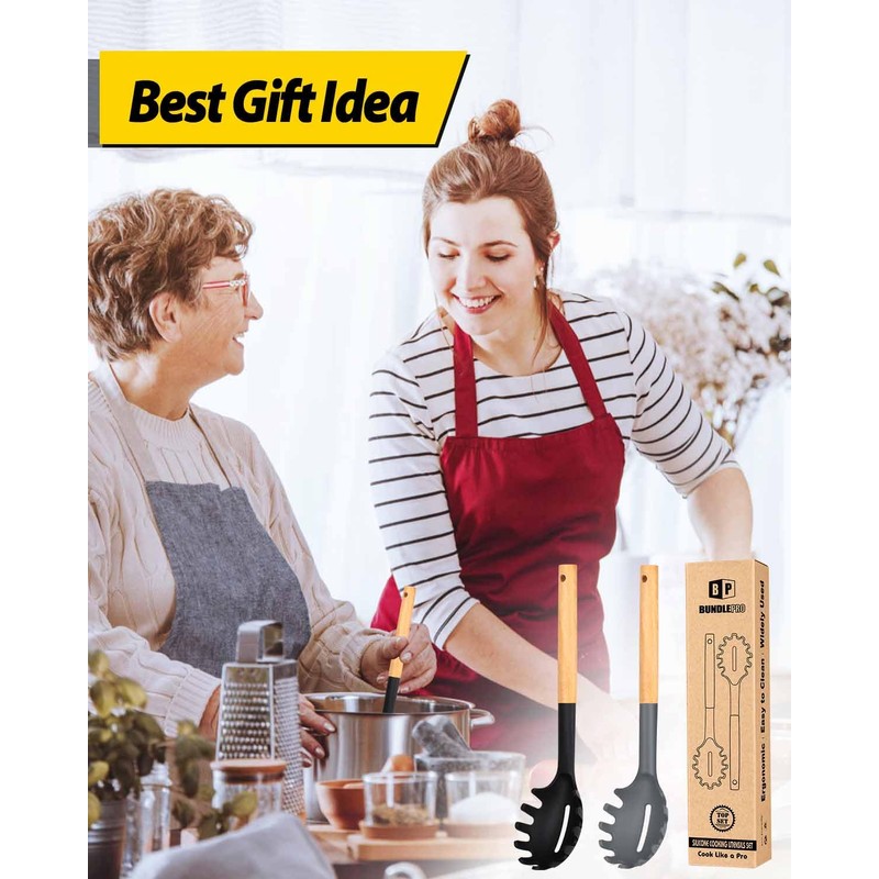 Pack of 2 Spaghetti Spoon, Silicone Pasta Fork with Wooden