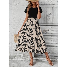 Dokotoo Women's Summer Boho Dresses for Women 2025 Trendy Crewneck Short Sleeves Floral Print Elegant Outfits for Women Casual Midi Ladies Clothing Black Medium