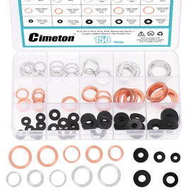 Cimeton 150Pcs Aluminum Oil Drain Plug Gasket, Copper Crush Washer, Rubber Flat Washers, M10 M12 M14 M16 M18 Metric Oil Plug Washers, Oil Ring Drain Plug Gasket Set for Automotive