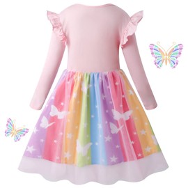 VASCHY Butterfly Tulle Dress for Girls, Cute Girls Casual Autumn Spring Long-Sleeve Party Birthday Ruffle Outfit,Toddler/Little/Big Kid Girls Clothing Size 4-5T Rainbow Skirt