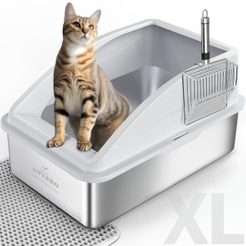 Stainless Steel Litter Box | XL Enclosed Cat Litter Boxs with Lid for Big Cats | High Sided, Anti-Urine Leakage | Non-Stick Bottom & Includes Litter Mat & Metal Scoop