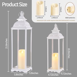 HAVITI 2 Pack Large Lanterns Decorative Outdoor, White Large Outdoor Lantern for Porch, 22'' 17'' White Lanterns Decorative Indoor (no Glass) with 2PCS Flameless Candles for Wedding Table Front Door