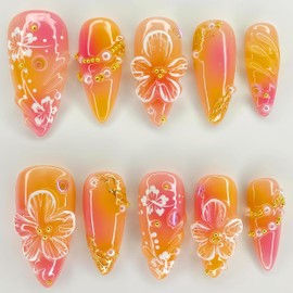 3D Embossed Flower Press on Nails Medium Almond Fake Nails Glossy Orange Pink Gradient Designs False Nails Gold White Pearl Rhinestones Hibiscus Stiletto Acrylic Nails Glue on Nails for Women Girls