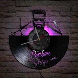 Timethink 12 Inch Barber Shop LED Wall Clock with 7 Luminous Modes, Silent Non Ticking Hipster Men Vintage Decorative Analog Vinyl Record Wall Clock Watch for Hair Salon Decor Hairdressers Gift