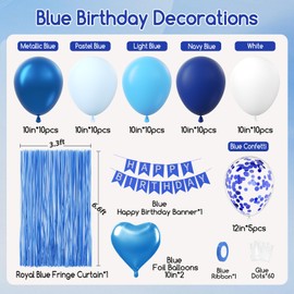 Blue Birthday Decorations for Women Men with Metallic Pastel Navy Blue Confetti White Foil Balloons Fringe Curtain Banner for 1st 15th 16th 18th 21st 25th Men Birthday Decorations