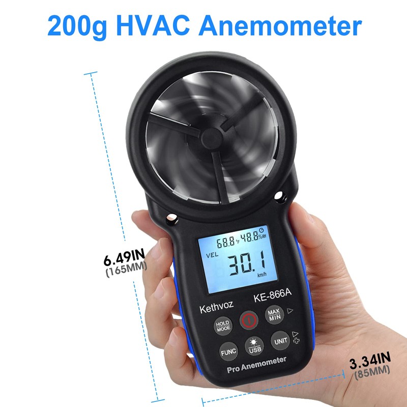 Handheld Anemometer CFM Meter, Kethvoz HVAC Airflow Meter Measure Wind