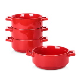 vicrays Ceramic Soup Bowls with Handles, 24 Oz Porcelain Soup Crocks for French Onion Soup, Cereal, Beef Stew, Chill, Pasta, Pot Pies, Microwave and Oven Safe, Set of 4 (Red)