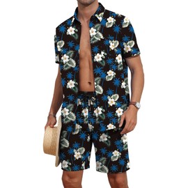 YTD Men's Hawaiian Set Casual Floral Print Shirt Summer Shirt and Shorts Two Piece Outfits Sets Beach Vacation Suit M Black White Flower