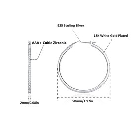 18K White Gold Plated Sterling Silver Post Cubic Zirconia Hoop Stud Earrings 15mm-60mm Options, Big Silver Hoop Earrings Hypoallergenic Jewelry (50 Millimetre)