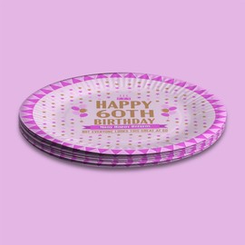 60th Birthday Paper Plates Pack of 12 - Disposable Plates Large 23.7cm (9.33 Inches) Party Plates for 60th Birthday Decorations - Happy Birthday Tableware for Men Women - Looks Great - Pink