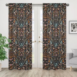 Sweet Jojo Designs Boho Wildflower Vintage Floral Girl Window Curtains Treatments Panels Baby Nursery Kids Bedroom Kitchen Room - Set of 2 - Black Orange Teal Bohemian Farmhouse Botanical Cottagecore