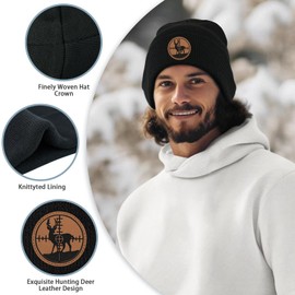 gswirmchsq Deer Hunting Beanie Hat Black, Cute Funny Leather Patch Winter Knit Skull Cap Hunting Gifts for Adult Men Women