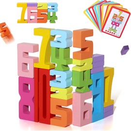 20Pcs Wooden Number Building Blocks, Montessori Toys with 1-10 Digits, Math Learning Toys for Kids, Balance Competition Toy, Educational Learning Toys for Boys and Girls (YHM-001)